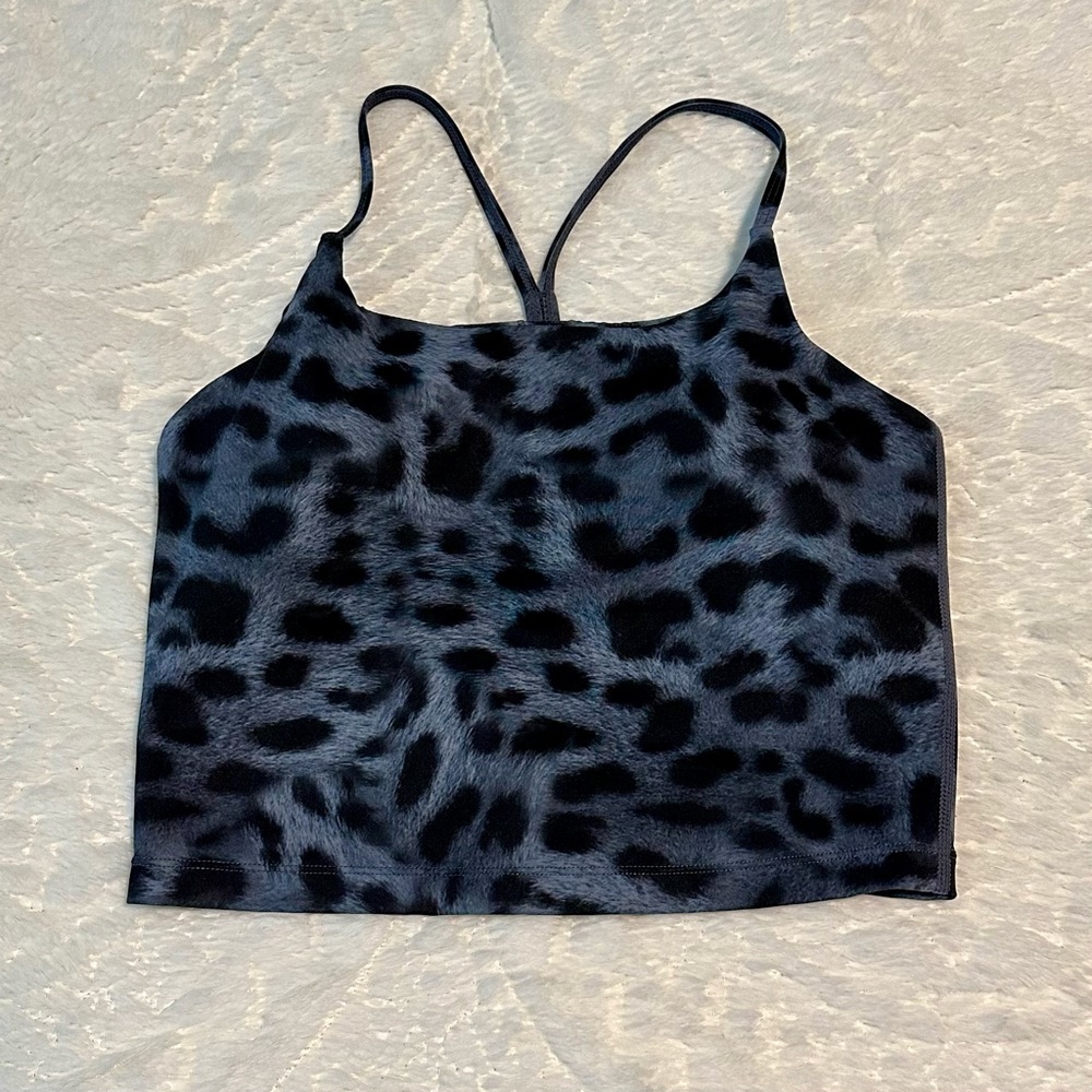 Blue leopard stretchy racerback crop workout top with padding